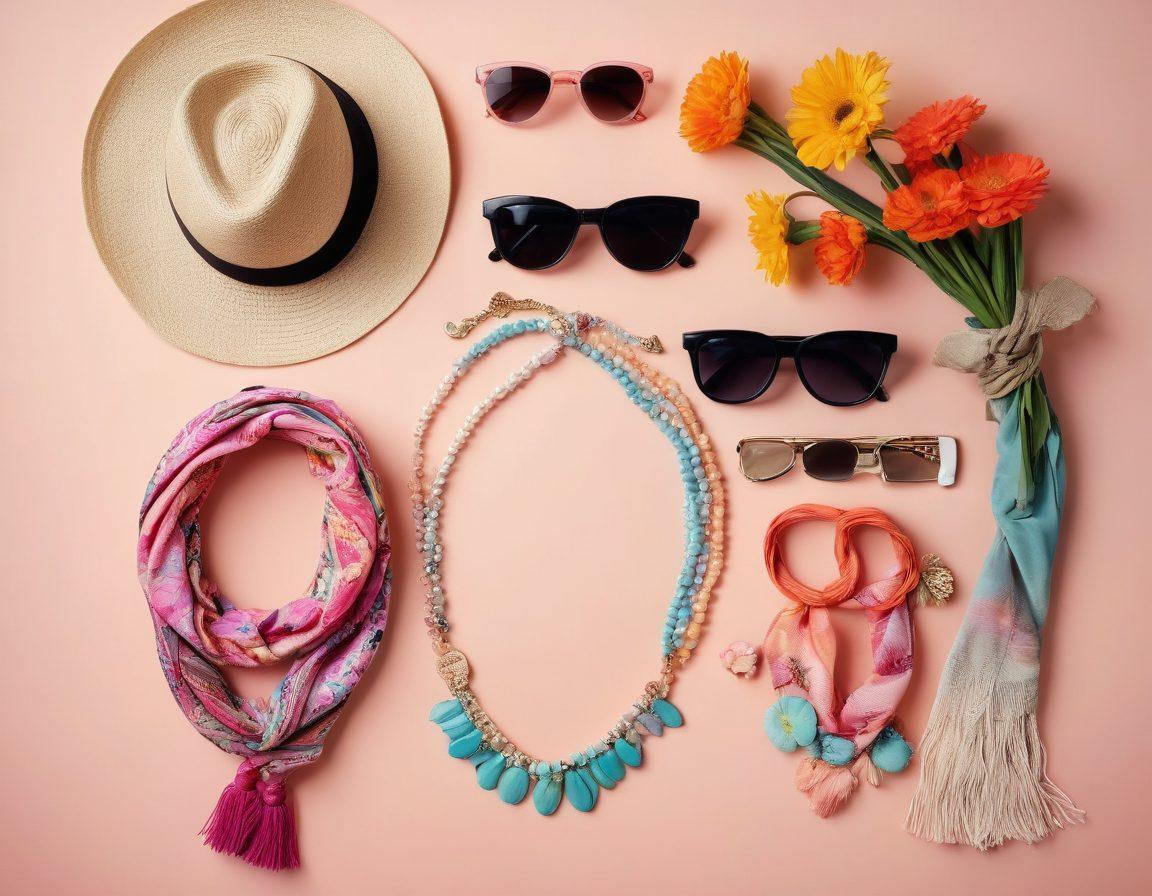 A beautifully arranged flat lay featuring an array of fashionable accessories including statement necklaces, colorful scarves, chic handbags, and stylish sunglasses, set against a soft pastel background. There should be hints of diverse seasonal themes like summer beach hats and winter gloves, evoking a sense of occasion. Incorporate delicate flowers or petals to add elegance. vibrant colors. minimalistic style. natural lighting.
