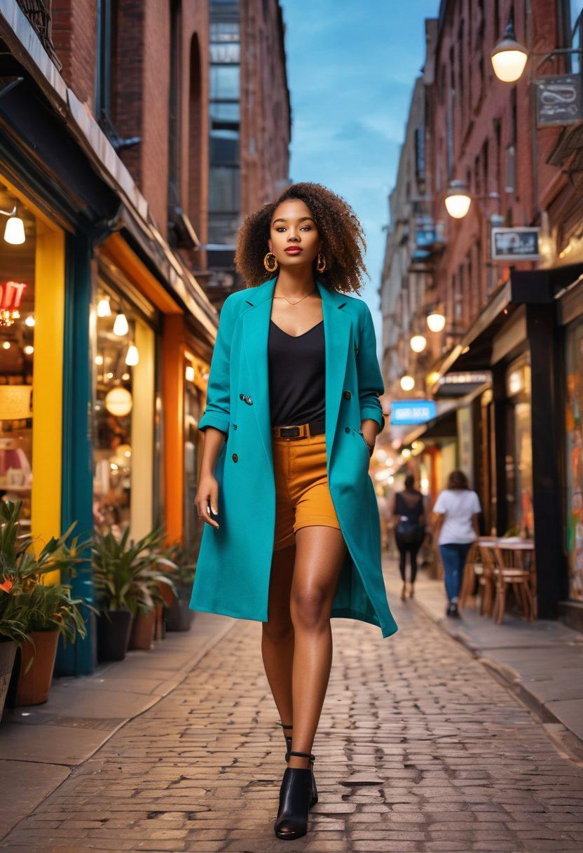 A stylish urban woman confidently strutting down a bustling city street, showcasing the latest fashion trends with a blend of chic outfits and accessories. The background features trendy cafes and street art, capturing the vibrant energy of city life. A mix of natural light and city lights highlights her unique style. The overall atmosphere is youthful and dynamic, inviting readers to explore their own fashion journey. super-realistic. vibrant colors. urban setting.