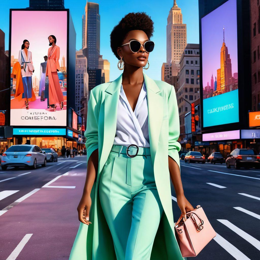A stylish woman transitions through various fashion stages, showcasing casual wear blending into high-end couture outfits. In the background, a vibrant cityscape reflects current fashion trends with billboards displaying the latest styles. Accessories like handbags and shoes accentuate the outfits, highlighting diversity in fashion. Soft lighting and pastel colors create an inviting atmosphere. super-realistic. vibrant colors. fashion illustration.